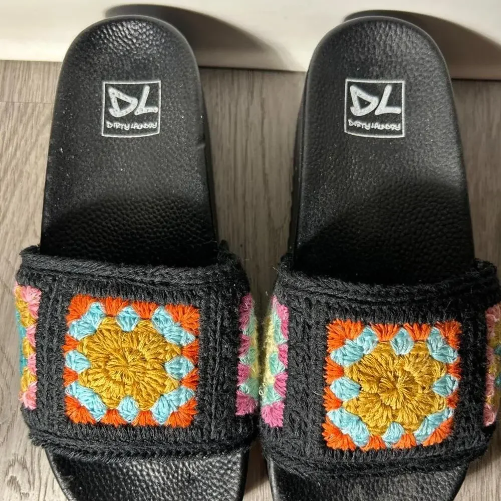 Black platform sandals with colorful